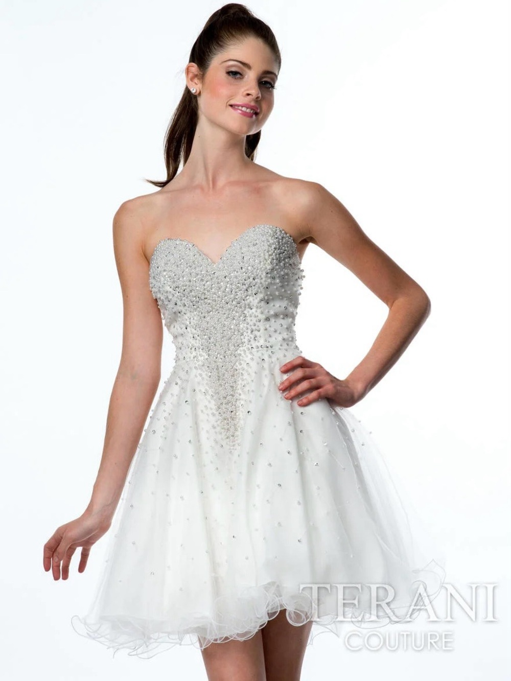 Terani Couture White Silver Beaded Pearl Sequin Tulle Strapless Formal Dress 8